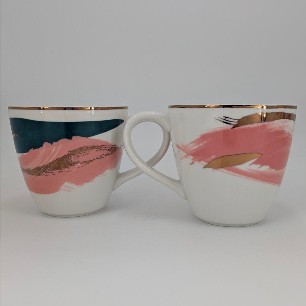 West Elm Ceramic Mug Set Abstract Brushstroke Teal Pink Gold Coffee Tea Cup